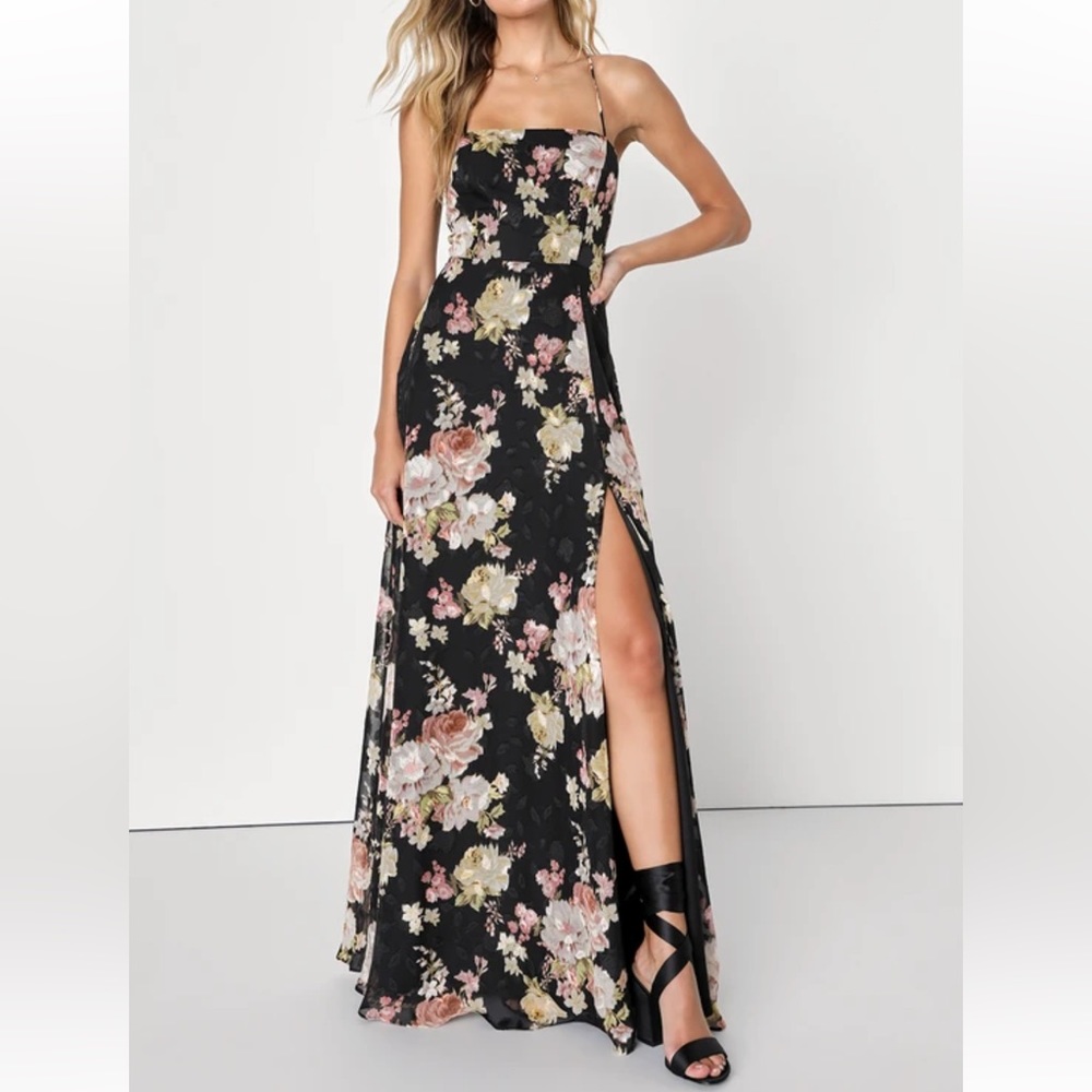 lulus Favorable Charm Black Floral Jacquard Lace-Up Maxi Dress L Black Floral